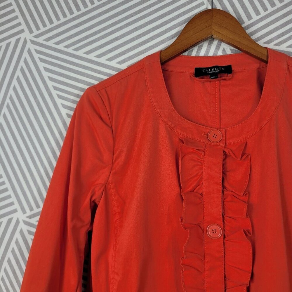 NEW Talbots Ruffle Front Jacket 12 career business Pink 3/4 Sleeve Red Orange - Picture 4 of 9